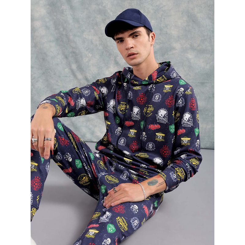 The Indian Garage Co Navy Blue Printed Regular Fit Hoodie and Joggers (Set of 2) (S)