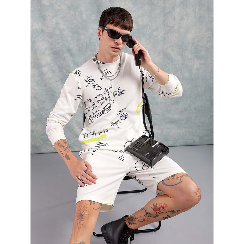 The Indian Garage Co White Printed Regular Fit Sweatshirt and Shorts (Set of 2) (M)