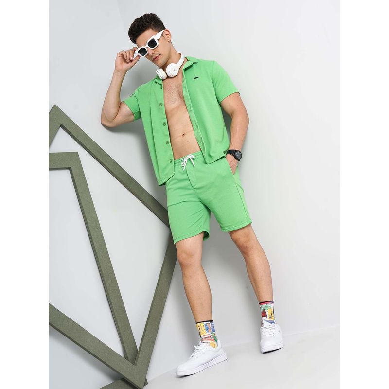 The Indian Garage Co Green Solid/Plain Regular Fit Shirt and Shorts (Set of 2) (S)