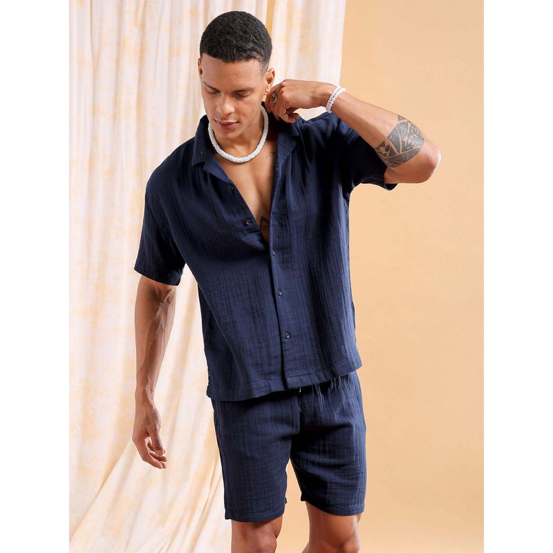 The Indian Garage Co Navy Blue Solid/Plain Regular Fit Shirt and Shorts (Set of 2) (S)