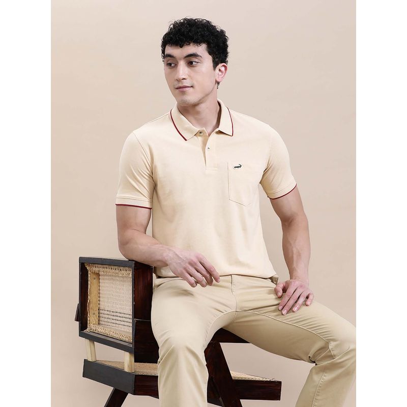 Crocodile Beige Solid/Plain Slim Fit Polo T-Shirt (L)