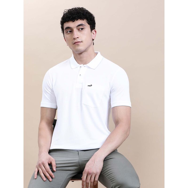 Crocodile White Solid/Plain Slim Fit Polo T-Shirt (L)