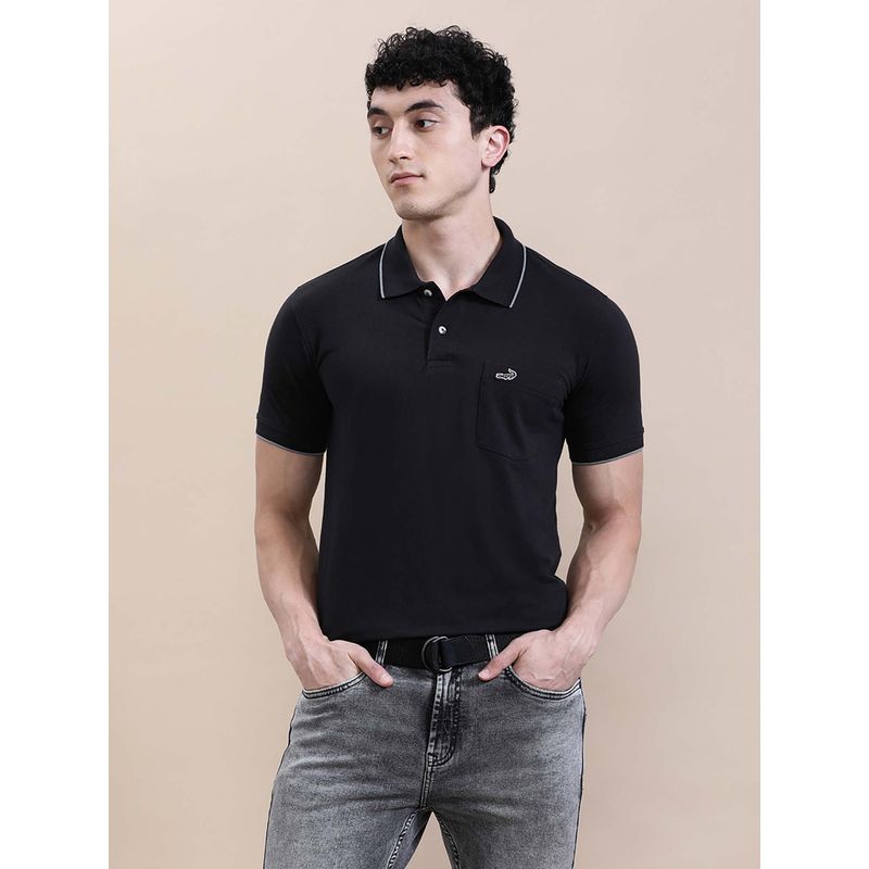 Crocodile Black Solid/Plain Slim Fit Polo T-Shirt (M)