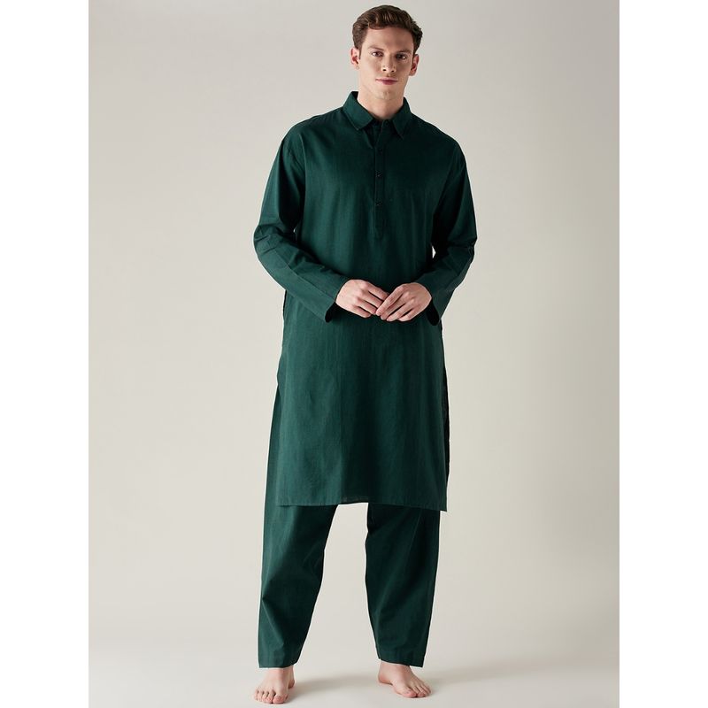 The Kaftan Company Green Slub Cotton Pathani Kurta & Pyjama Green (Set of 2) (S)