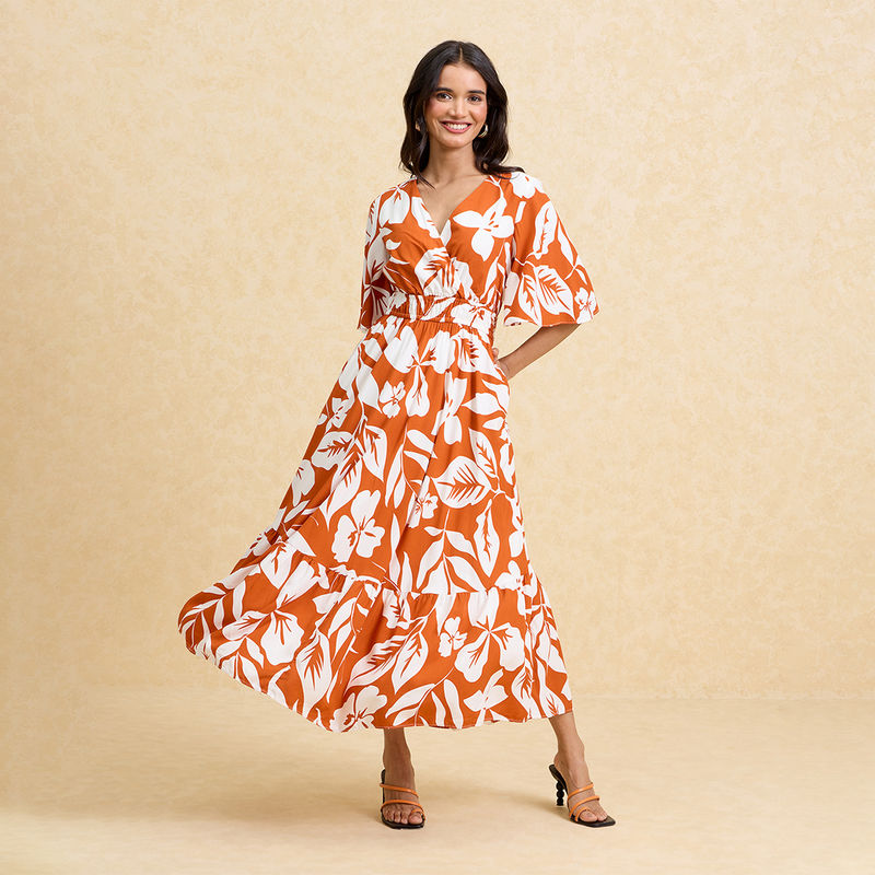 Twenty Dresses by Nykaa Fashion Rust Printed Bell Sleeves Fit and Flare Midi Dress (XS)