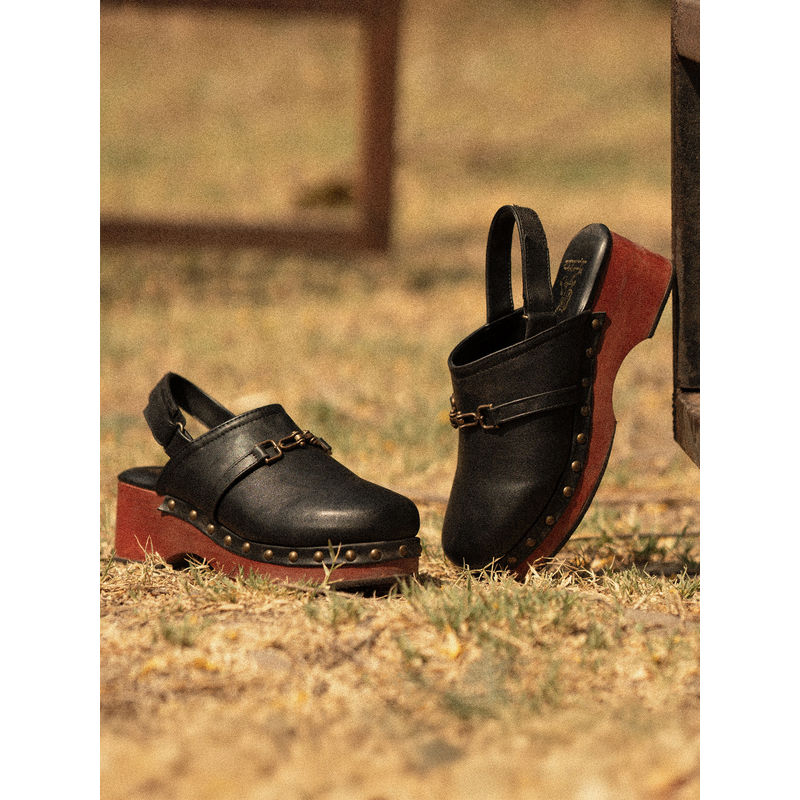 Theater Women Warriors Black Leather Clog Wedge Heel Sandals (EURO 38)