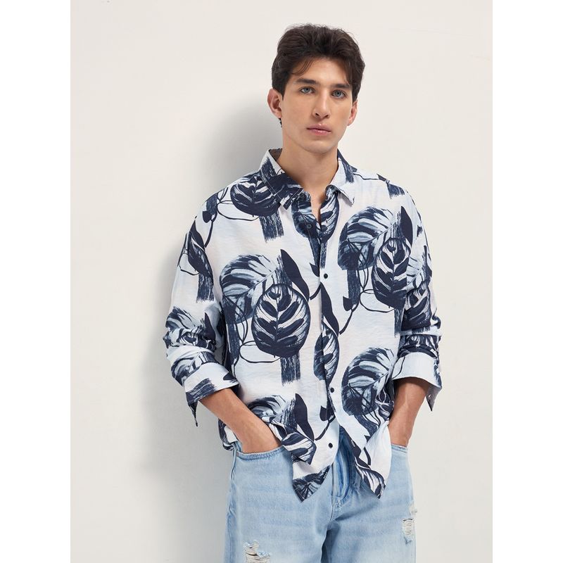 THE BEAR HOUSE Mens White Relaxed Fit Digital Print Woven Casual Shirt (XL)