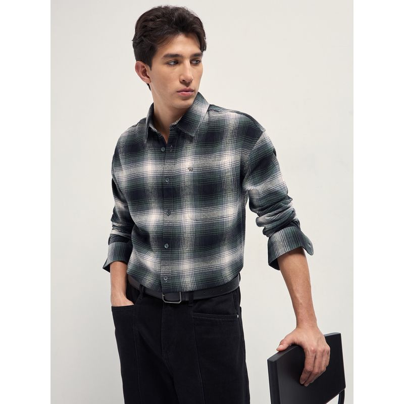 THE BEAR HOUSE Mens Green Relaxed Fit Checked Cotton Flannel Casual Shirt (M)