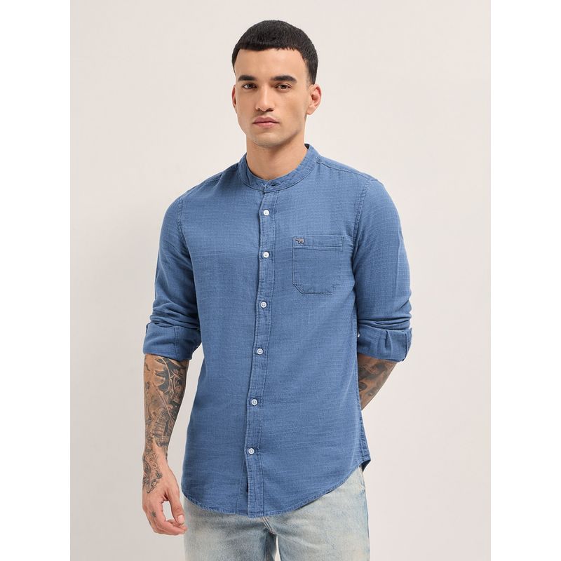 THE BEAR HOUSE Mens Blue Slim Fit Textured Cotton Denim Casual Shirt (S)