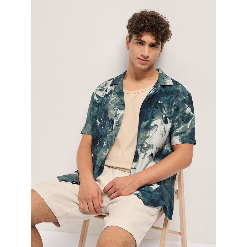 THE BEAR HOUSE Mens Teal Relaxed Fit Digital Print Woven Casual Shirt (2XL)