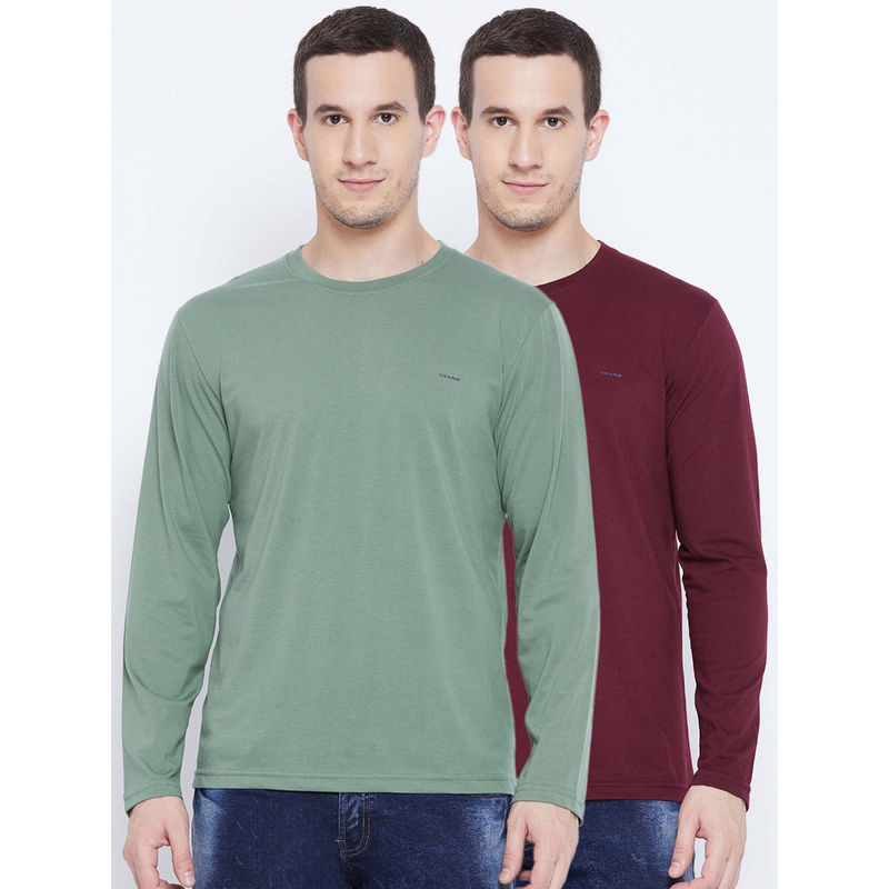 Okane Mens Wine M.Green Polyester Cotton Solid Round Neck T-Shirt (Pack of 2)