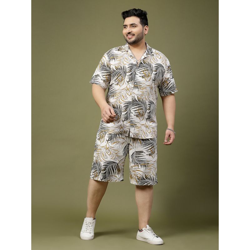 RIGO Men White Palm Leaves Print Co-Ord (Set of 2) (2XL)