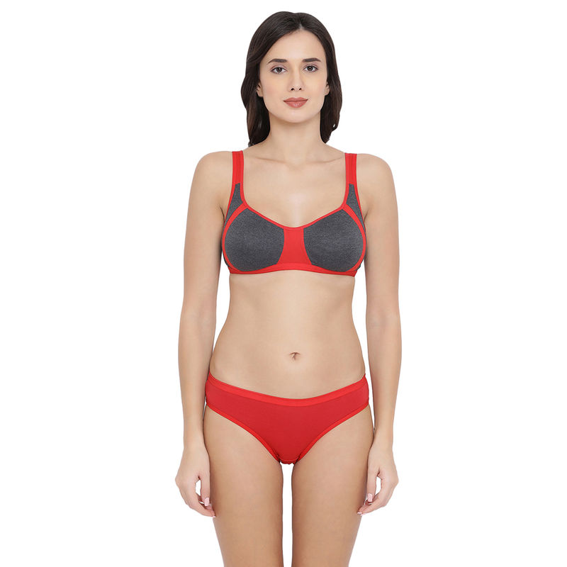 Clovia Cotton Non-Padded Non-Wired Full Cup Bra & Low Waist Bikini Panty - Red (40B)