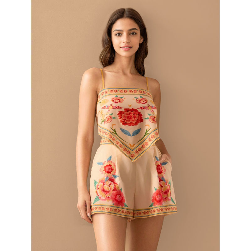 WomanLikeU Beige Floral Printed Co-Ord Set (S)