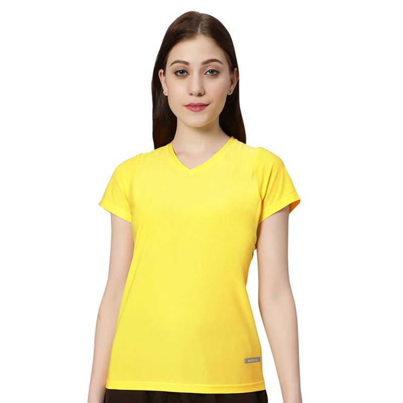 Omtex Coded Women's Workout T-Shirt - V Neck, Short Sleeve Athletic T-Shirt - Stylus Women Sports & Activewear Tops Yellow - S