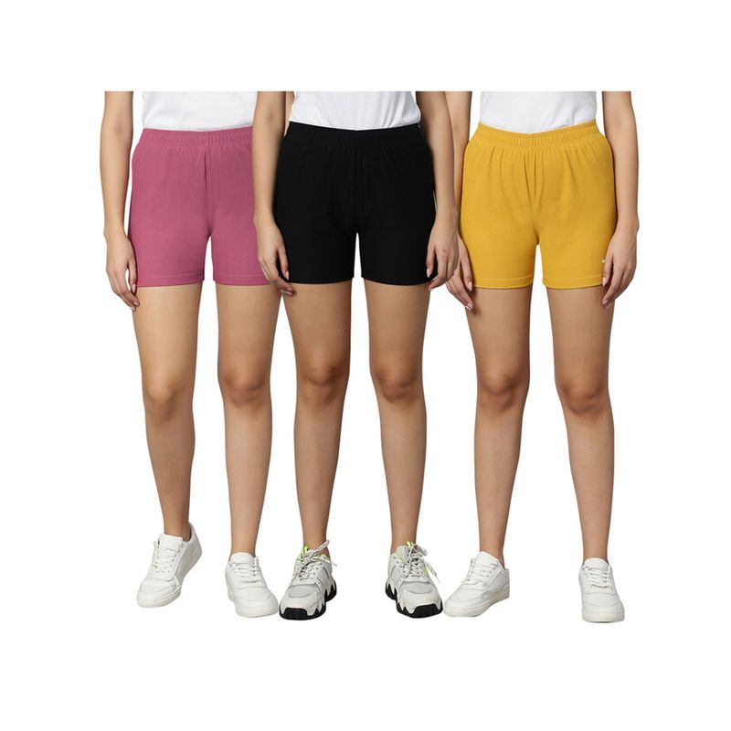 Omtex JILL Plain Athletic Shorts for Women Black-Mustard-Rosewood (Pack of 3) (S)
