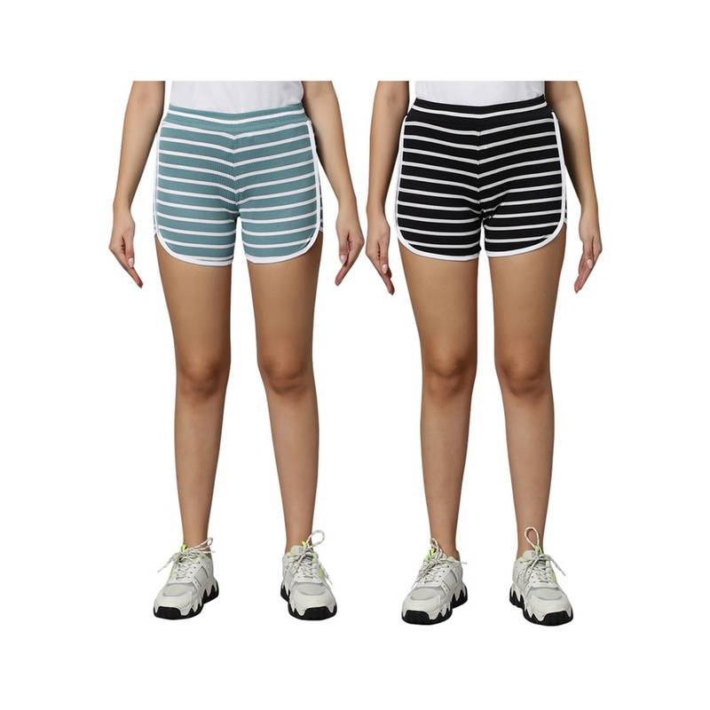 Omtex PIXY Stripe Casual Wear Shorts for Women Black-Grey (Pack of 2) (S)