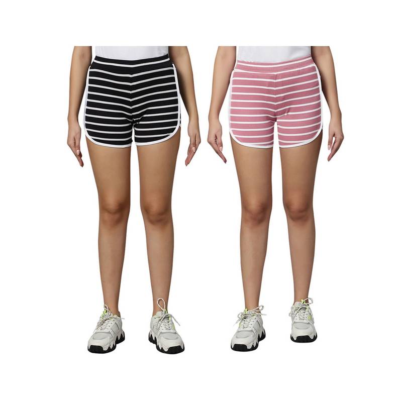 Omtex PIXY Stripe Casual Wear Shorts for Women Coral Pink-Black (Pack of 2) (S)