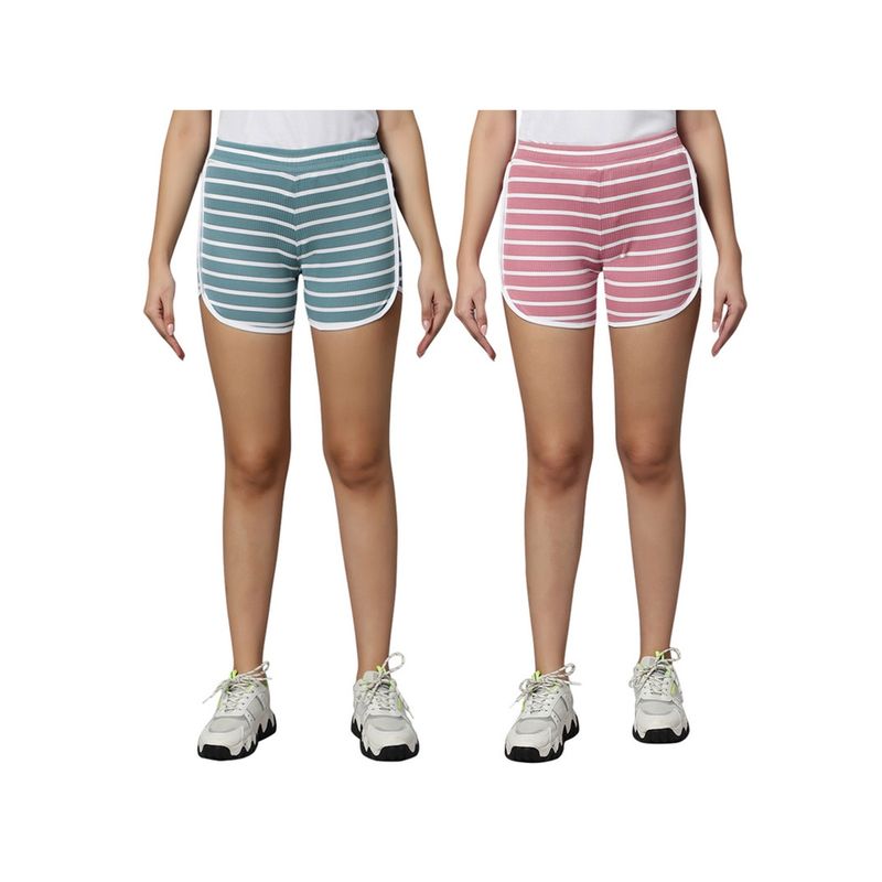 Omtex PIXY Stripe Casual Wear Shorts for Women Grey-Coral Pink (Pack of 2) (S)