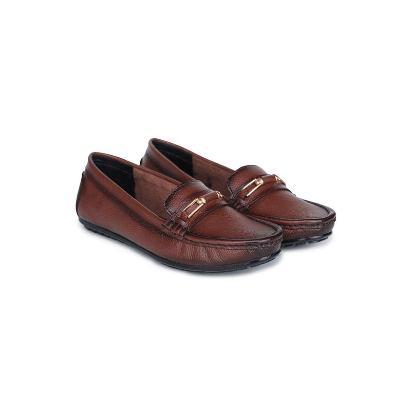 Zoom Shoes Brown Genuine Leather Textured Pattern Slip On Casual Loafers (EURO 36)