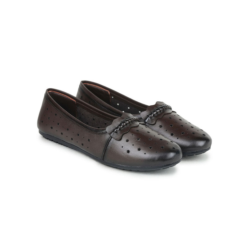 Zoom Shoes Brown Genuine Leather Textured Pattern Slip On Casual Ballerina (EURO 36)