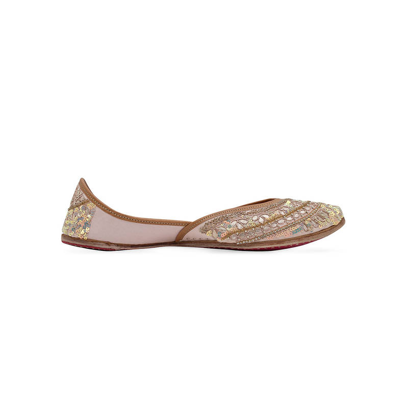 NR BY NIDHI RATHI Rose Gold Fabric Embroidered Juttis (EURO 36)