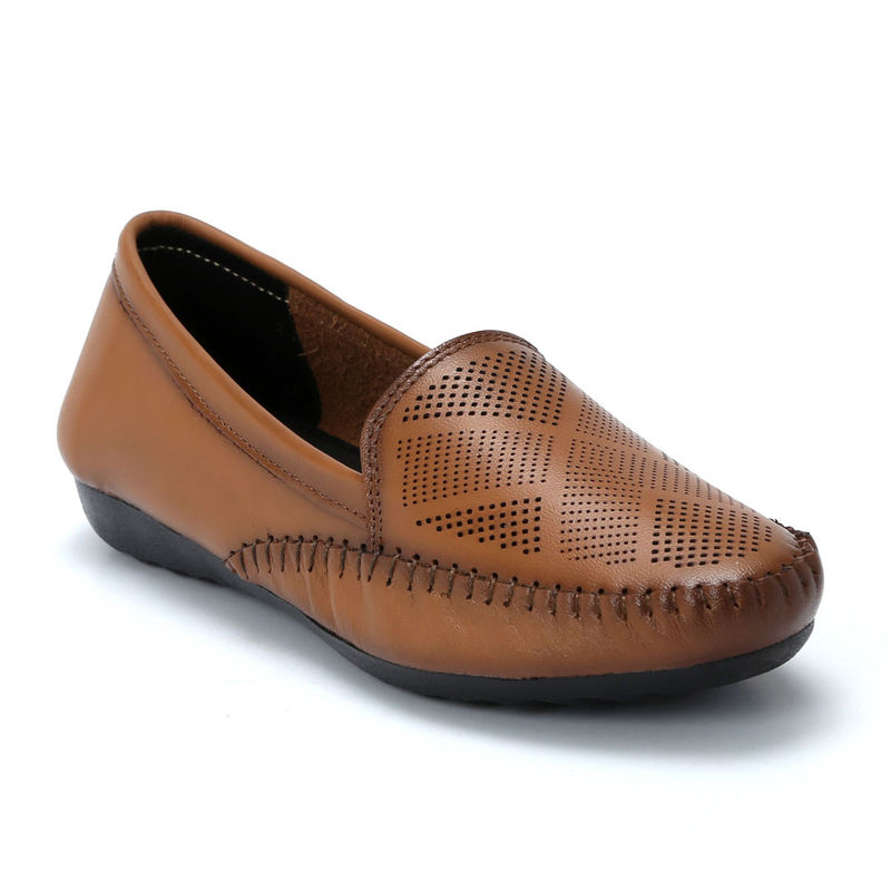 Zoom Shoes Tan Genuine Leather Textured Pattern Slip On Casual Loafers (EURO 36)
