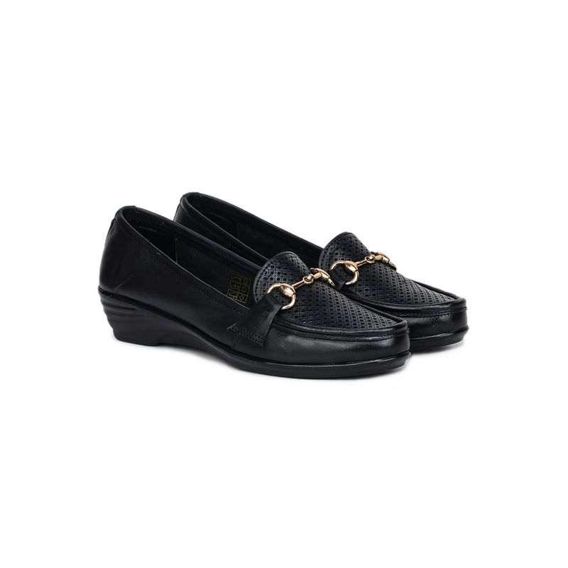 Zoom Shoes Black Genuine Leather Textured Pattern Slip On Casual Loafers (EURO 37)