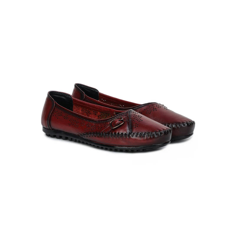 Zoom Shoes Burgundy Genuine Leather Textured Pattern Slip On Casual Ballerina (EURO 36)