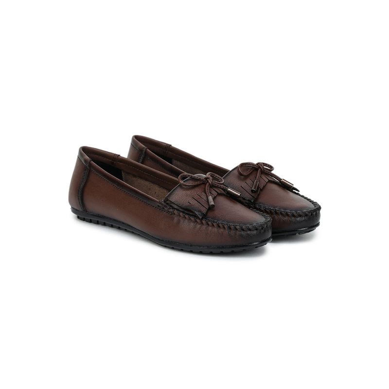 Zoom Shoes Brown Genuine Leather Textured Pattern Slip On Casual Ballerina (EURO 39)