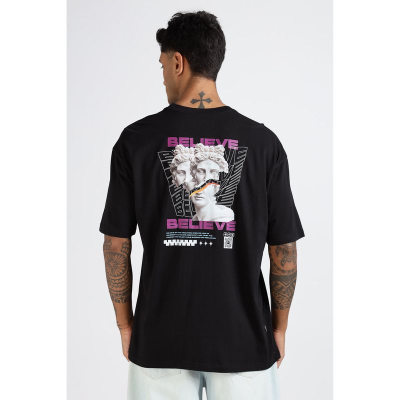 Eszett Men Black Cotton Graphic Believe Oversized T-Shirt (M)