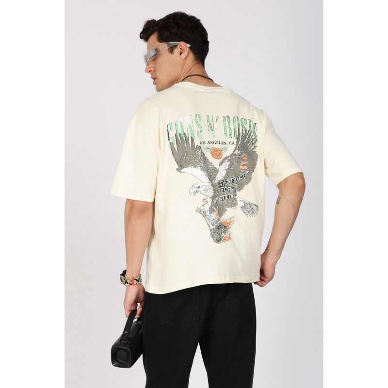 Eszett Men Cream Cotton Graphic Short Sleeve Oversized Fit T-Shirt (S)