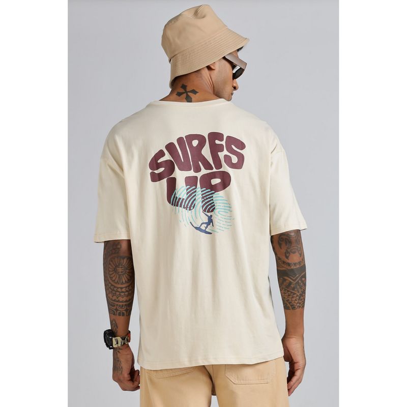 Eszett Men Beige Cotton Typography Oversized Fit T-Shirt (M)