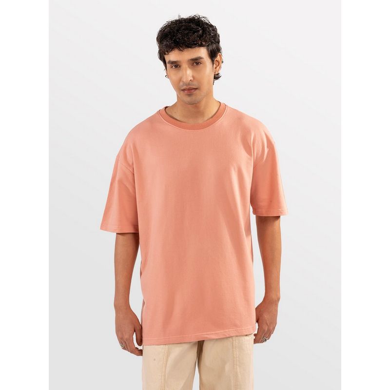 Eszett Men Peach Cotton Plain Oversized Fit T-Shirt (S)