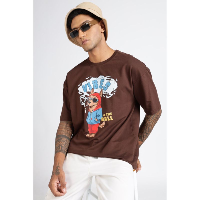 Eszett Men Brown Cotton Graphic Oversized Fit T-Shirt (L)