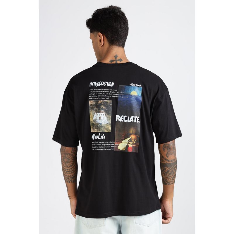 Eszett Men's Black Cotton Graphic Oversized Fit T-Shirt (L)