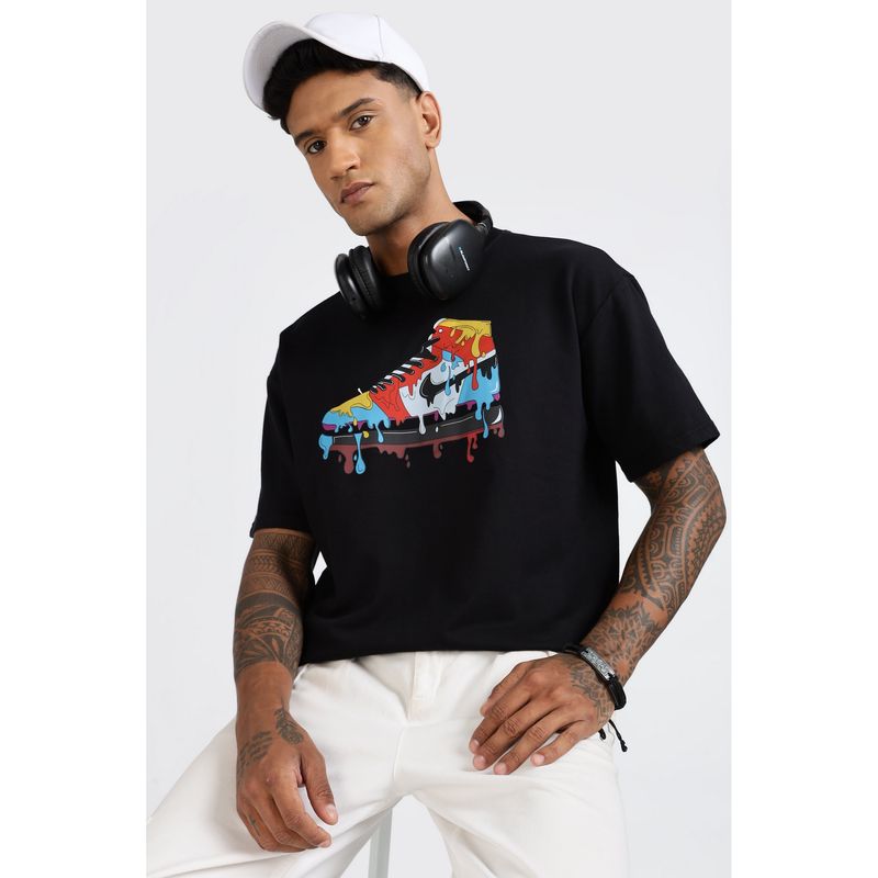 Eszett Men Black Cotton Graphic Drip Shoes Oversized T-Shirt (L)