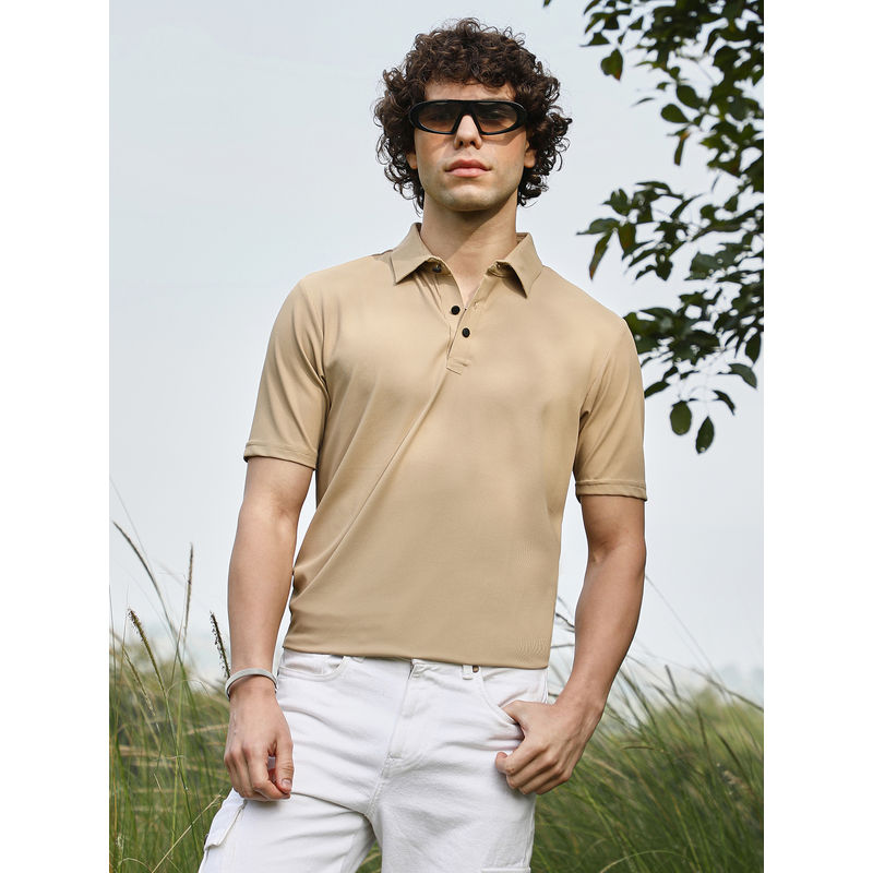 Campus Sutra Men Buff Beige Solid Knit Polo T-Shirt (M)