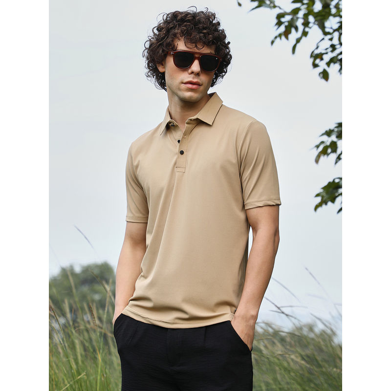 Campus Sutra Men Buff Beige Textured Knit Polo T-Shirt (S)