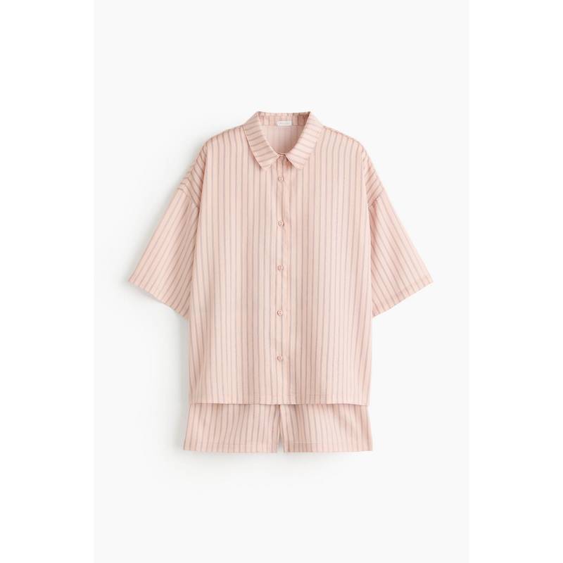 H&M Women Pink Striped Lyocell Satin Shirt With Shorts (S/T)