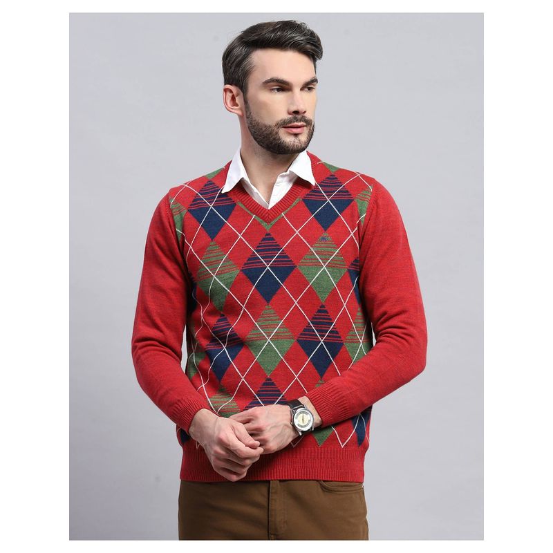 Monte Carlo Men's Geometric Red V-Neck Full Sleeve Pullover Sweater (3XL)