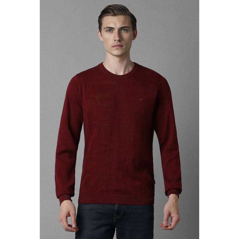 Louis Philippe Men Maroon Typography Crew Neck Full Sleeves Sweater (XL)