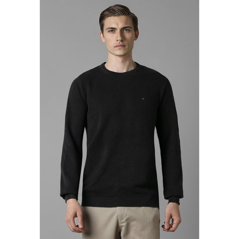 Louis Philippe Men Black Textured Crew Neck Full Sleeves Sweater (M)