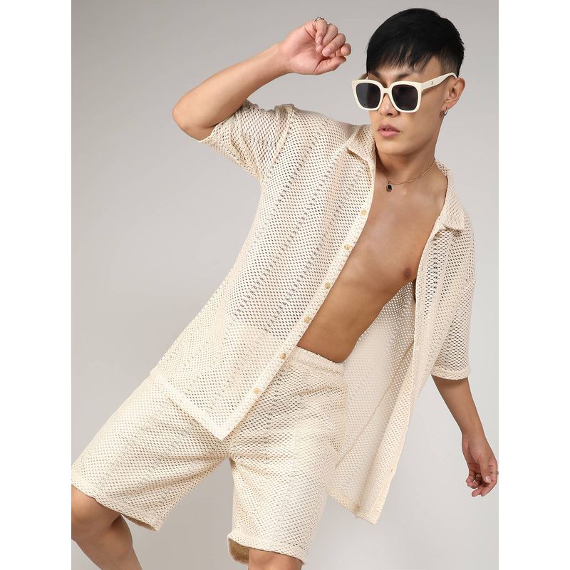 Campus Sutra Men's Beige Crochet Co-Ord (Set of 2) (M)