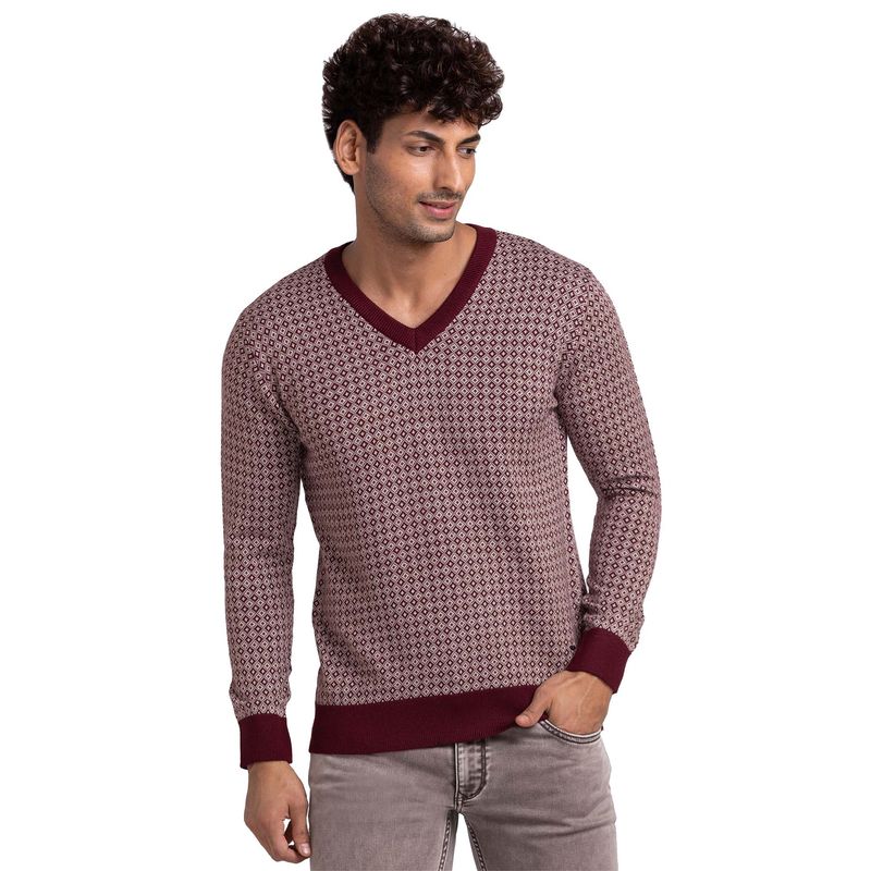 Parx Regular Fit Woven Design Dark Maroon Sweater (XL)