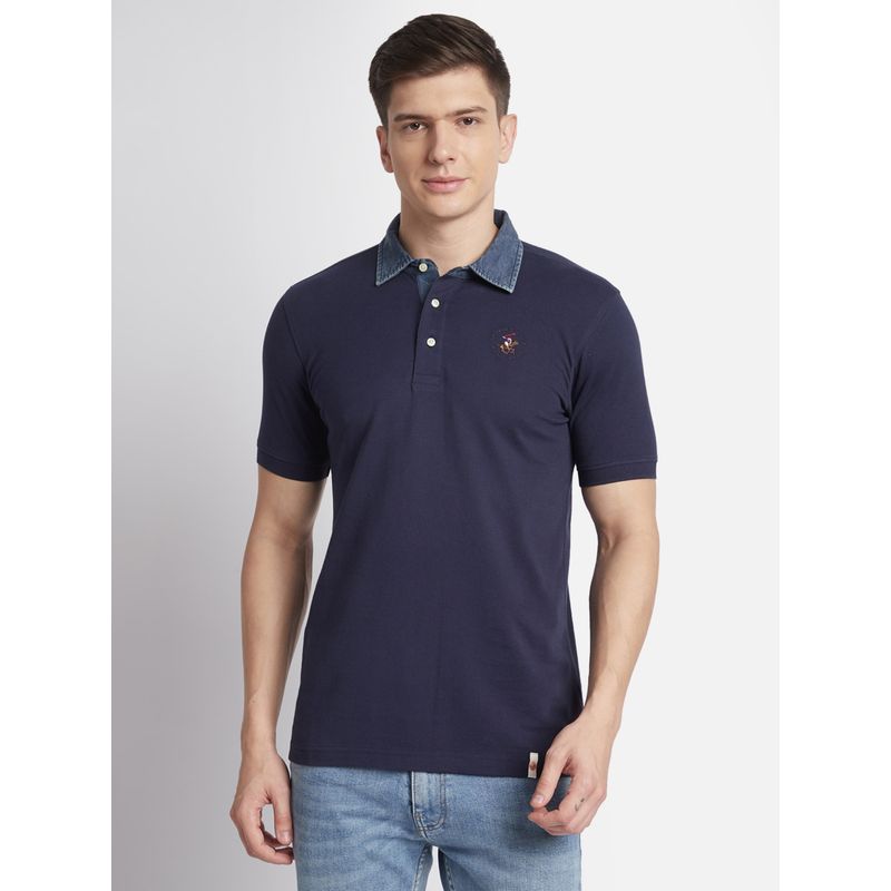 Beverly Hills Polo Club Solid with Chambray Collar Blue Polo T-Shirt (S)
