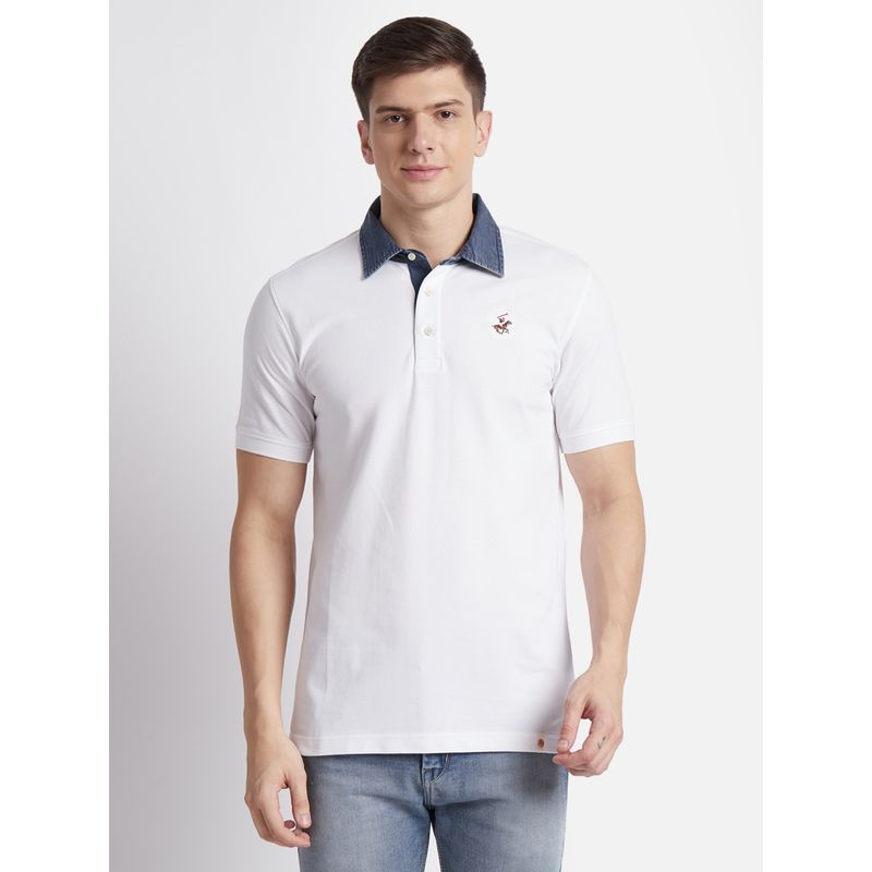 Beverly Hills Polo Club Solid with Chambray Collar White Polo T-Shirt (S)