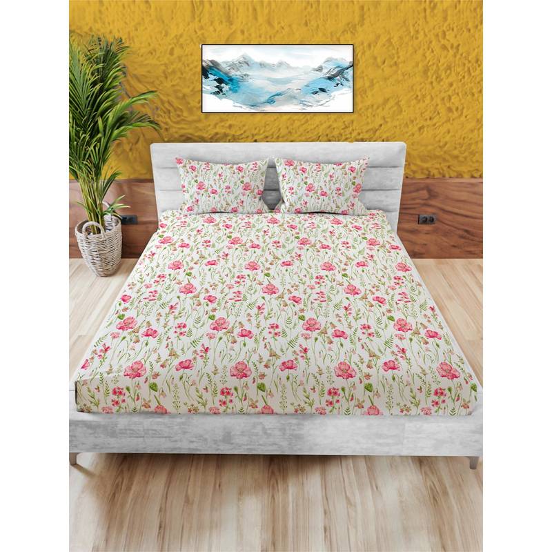 100% Cotton 180TC King Bedsheet with 2 Pillow Covers Floral Pink & White (King)