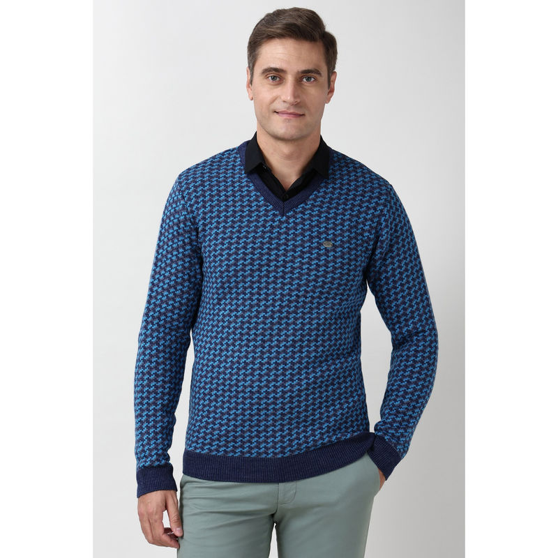 Peter England Men Blue Print V Neck Sweater (XL)