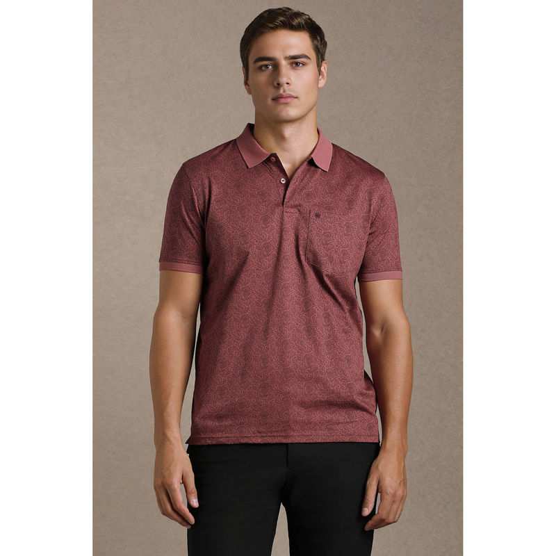 Louis Philippe Men Maroon Paisley Print Polo Neck T-shirt (S)